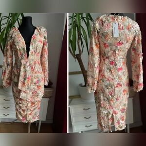 LADIES BOOHOO OCCASION SEQUIN PUFF SLEEVE MIDI DRESS PASTEL PINK SIZE 12 NWT